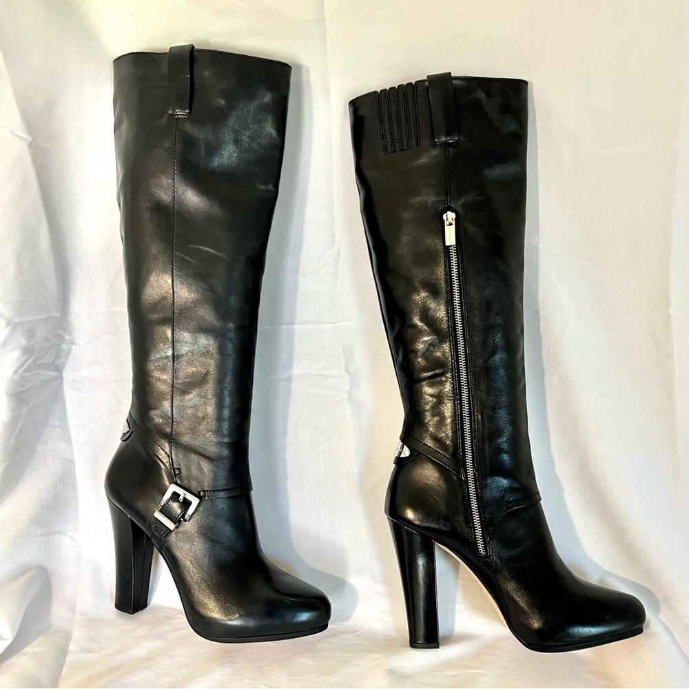 MICHAEL Michael Kors Tamara Black Leather Knee-High Heeled Boots 10 - Picture 2 of 11